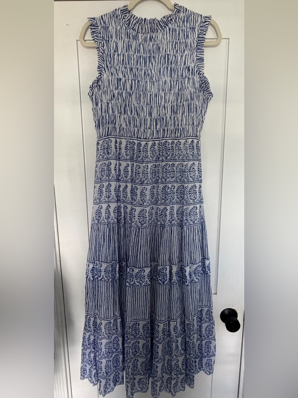 Oliphant Blue and White Sleeveless Maxi Dress